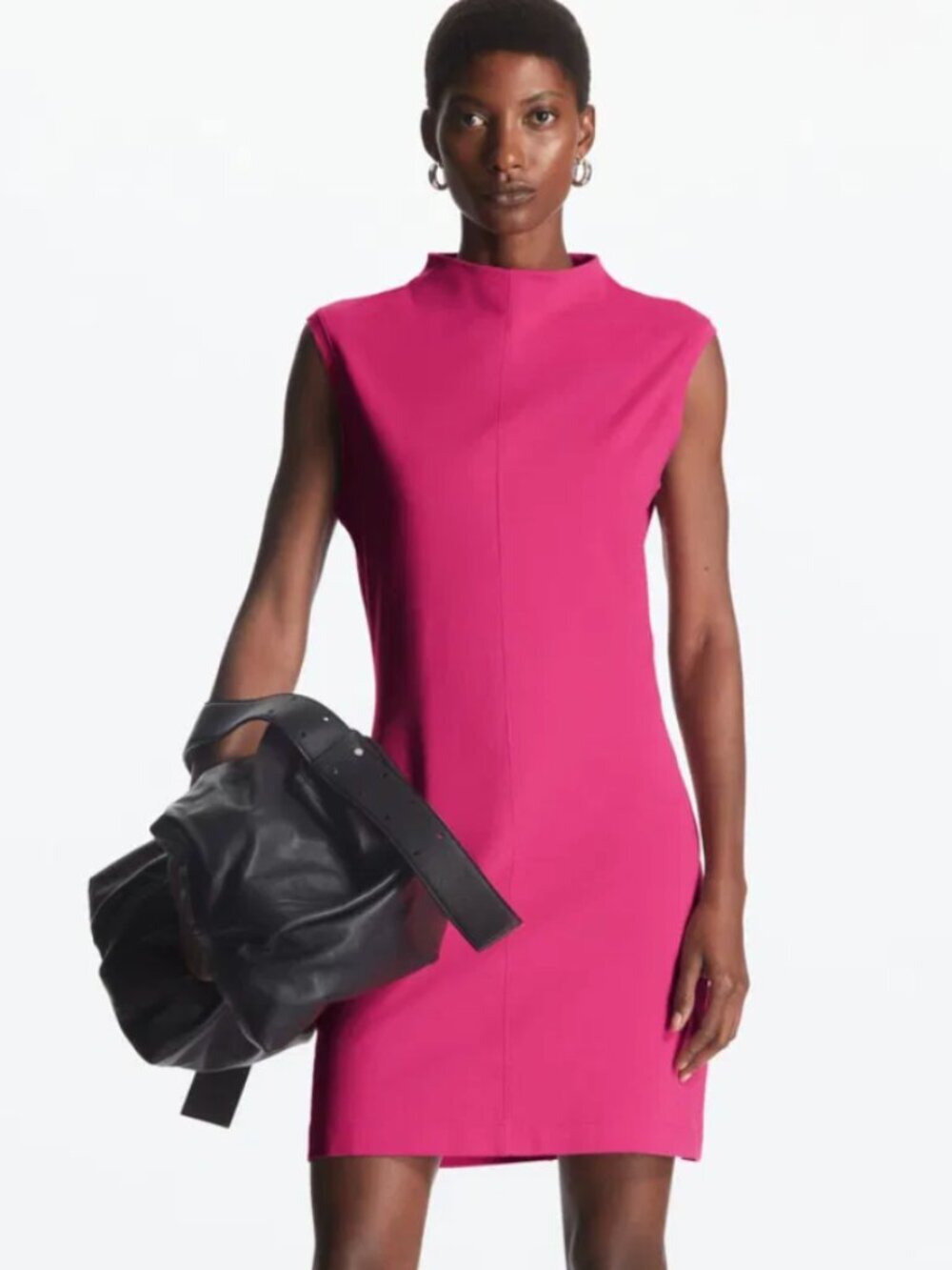 COS Slim-Fit Mock-Neck Mini Stretch Sleeveless Dress Fuchsia Pink, Medium